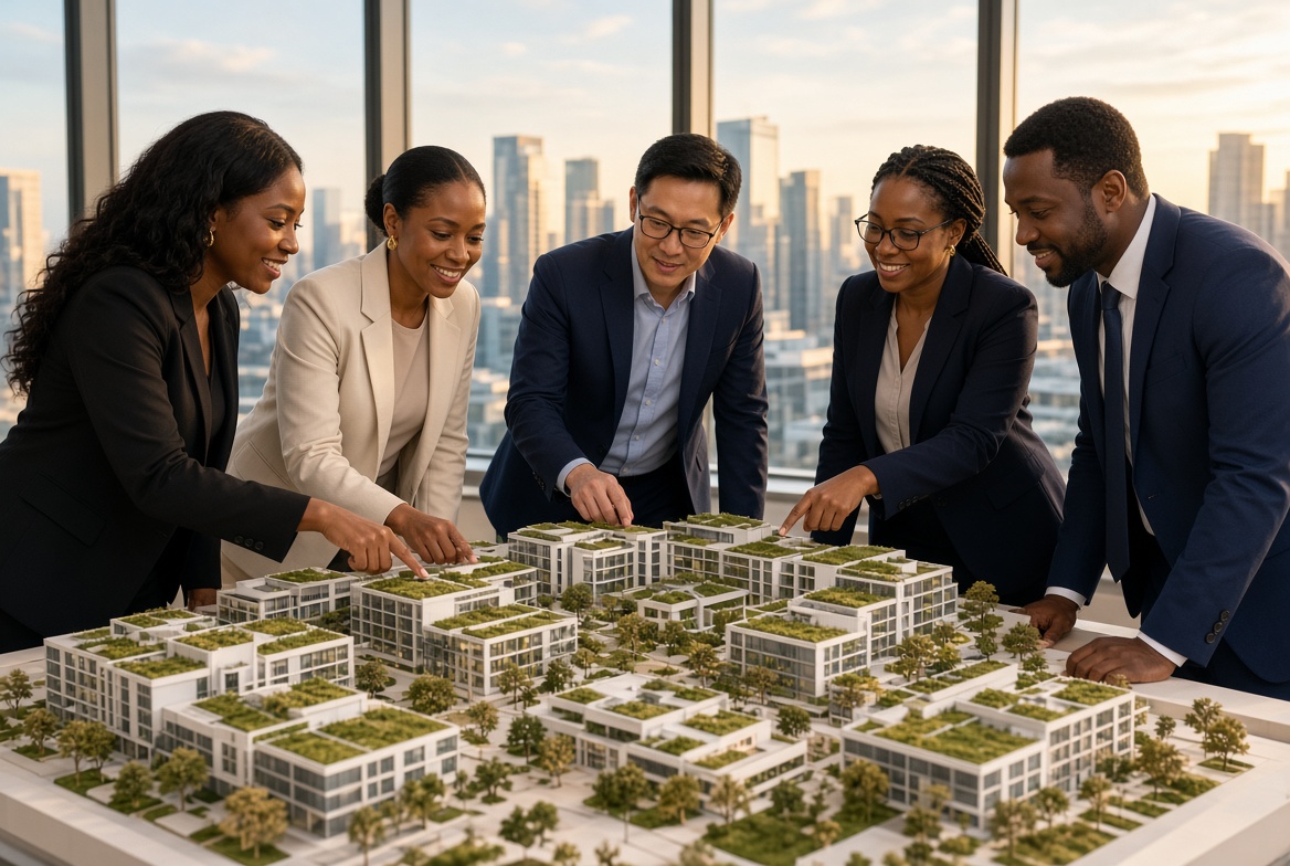 Team reviewing a completed project