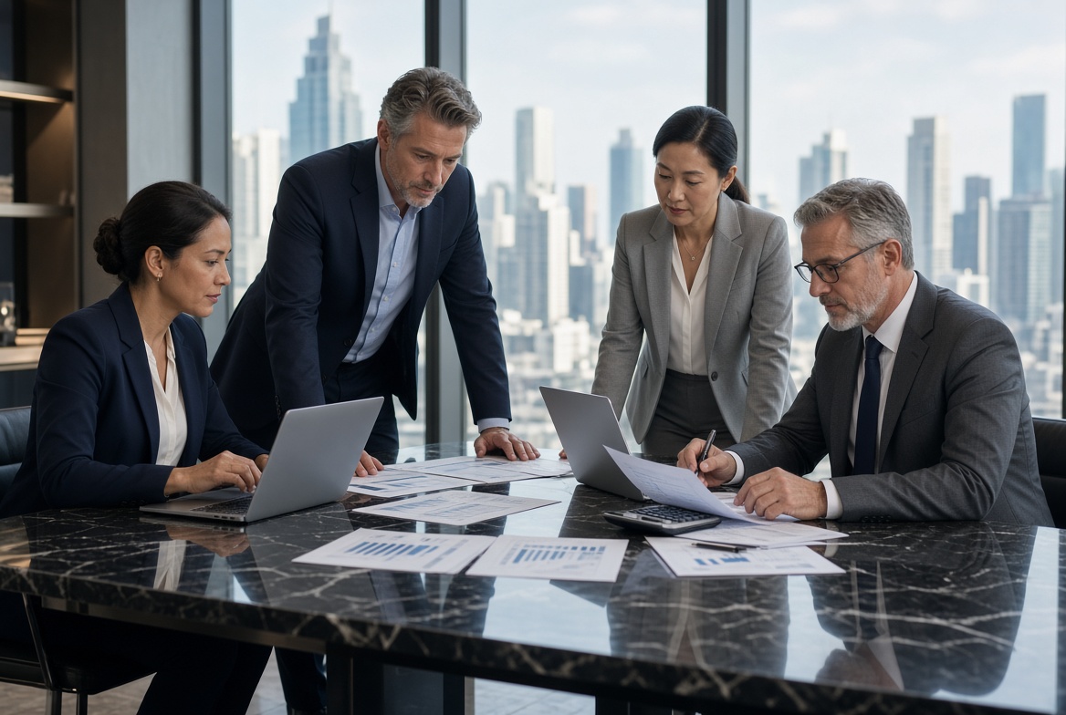 Meridian & Co. consultants reviewing strategy in a boardroom
